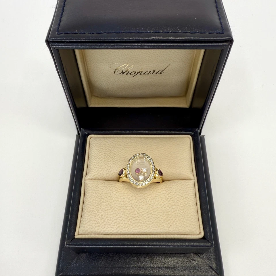 Rare Vintage Chopard Oval Happy Diamonds Ruby & Diamond 18k Yellow Gold Ring - Image 2 of 4