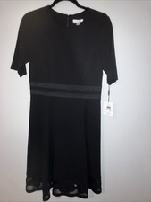 Calvin Klein Black Chiffon A-Line Midi Dress Round Neck 3/4 Sleeve Zip Lined