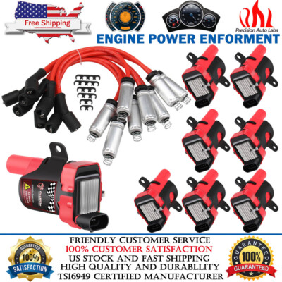 Set of 8 Round Ignition Coils W/ 8 pcs Spark Plug Wires For Chevy GMC UF262 D585