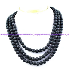 3 Rows Natural 8mm Black Lava Rock Stone Gemstone Round Beads Necklace 17-19 in
