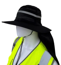 Hi Vis Reflective Work Safety Neck Flap Boonie Hat Black  Bucket Cap