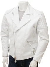 Men's Vintage White Biker Real Leather Jacket Motorcycle Slim Fashionable Jacket