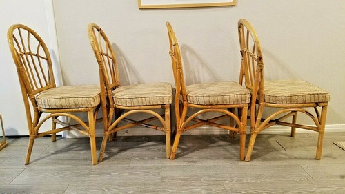 Set of 4 Vintage Bamboo Rattan Wicker Cane upholstered dining chairs Mid Century - Picture 3 of 11