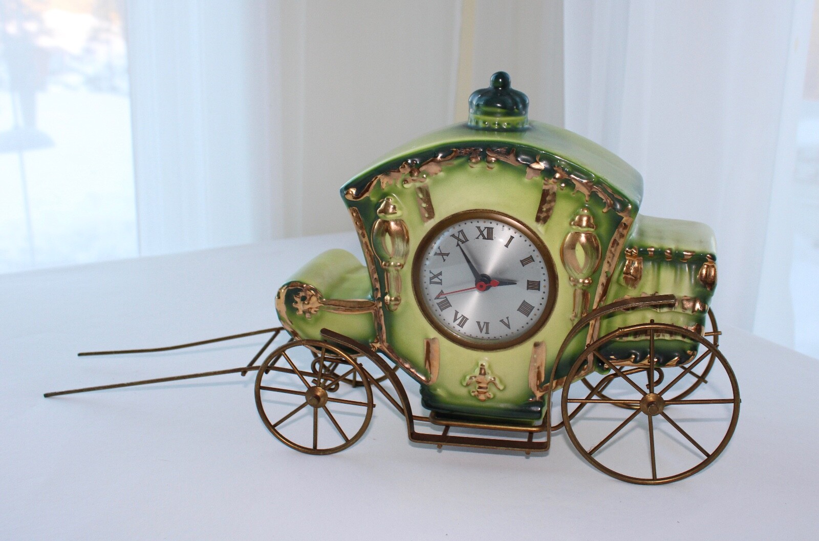 Antique SESSIONS CARRIAGE CLOCK, Green and Gold Ceramic WORKING