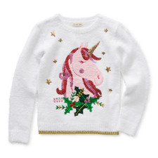 Girls  It's Our Time 46 Sequined Christmas Unicorn White Sweater S 7/8 NWT