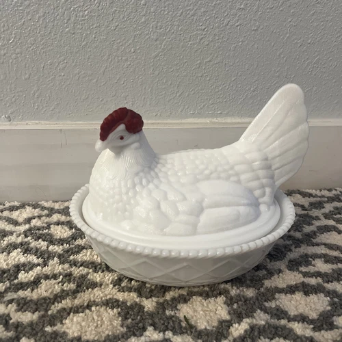 Vintage White Rooster Chicken Basket Westmoreland. Milk Glass Covered Dish Bowl