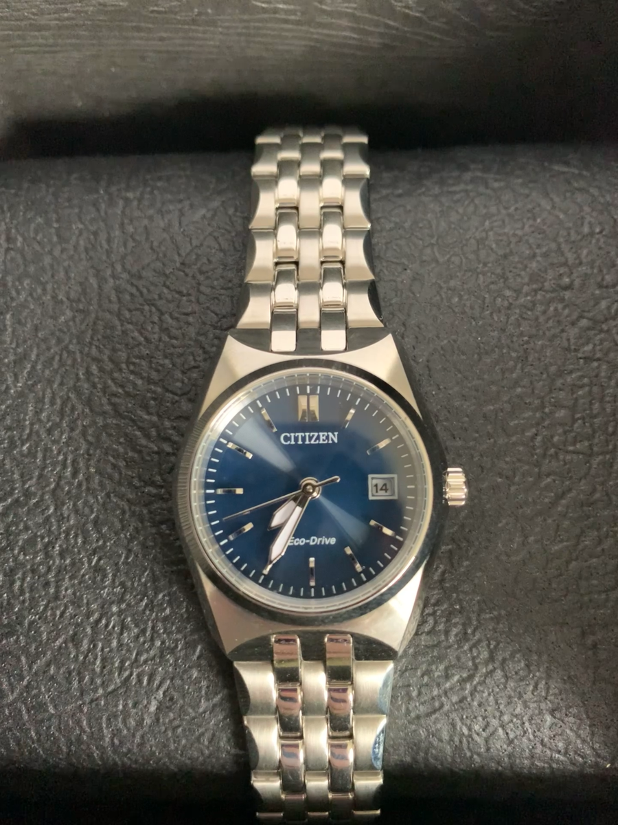 citizen ladies' eco-drive classic dress corso stainless steel rectangle watch Eco Drive Women's Blue Dial EW2290-54L The watch exhibits a