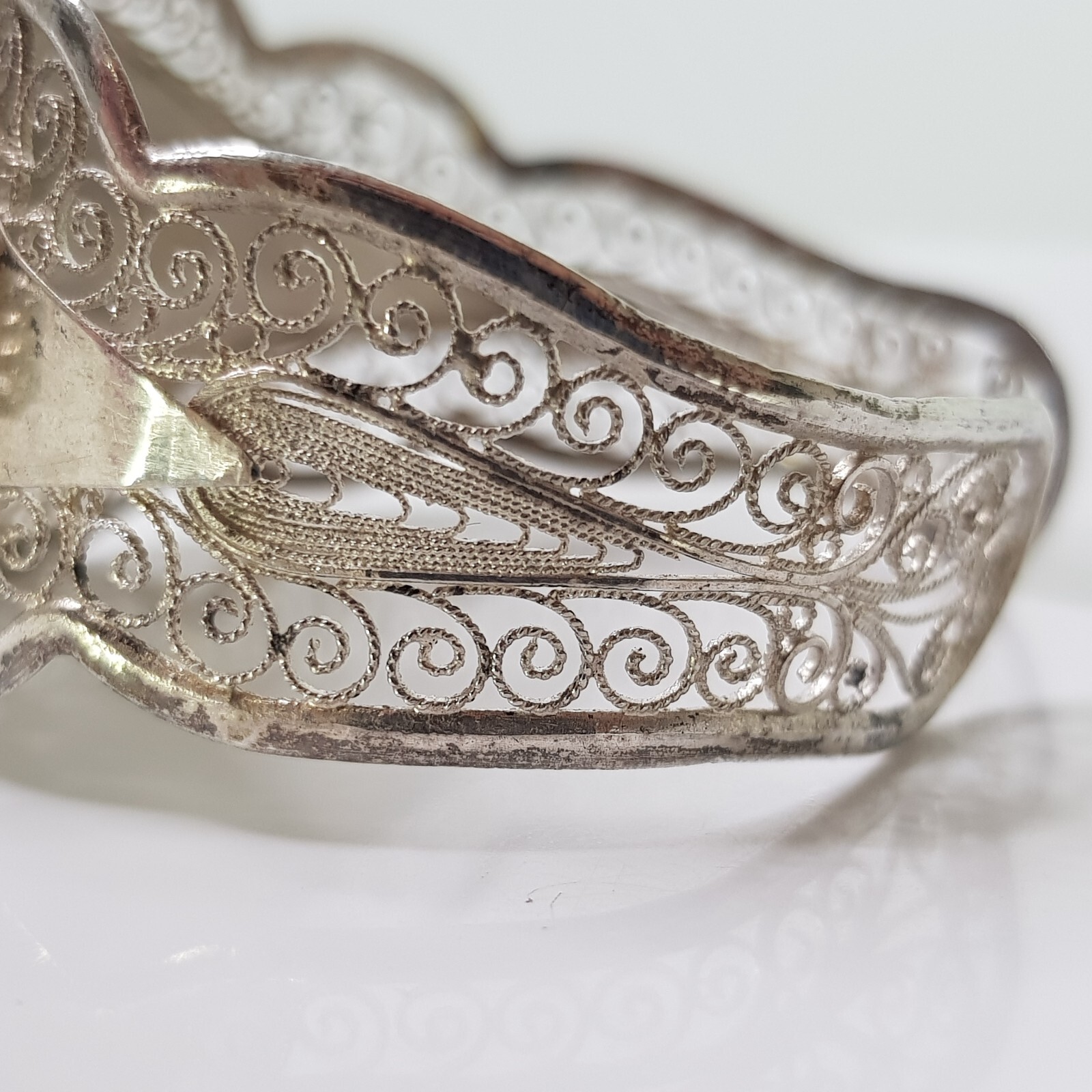 Vintage 900 Solid Silver Filigree Cuff Bangle Flo… - image 11