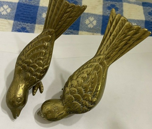 Vintage Pair Brass Birds Eating Head Down 4" long Detailed Wild Bird Figurines - Picture 6 of 7