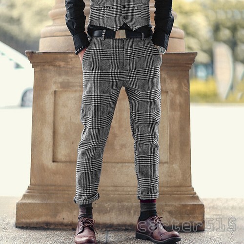 Vintage Mens Plaid Formal Dress Tweed Wool Blend Casual Skinny Pants  Trousers | eBay