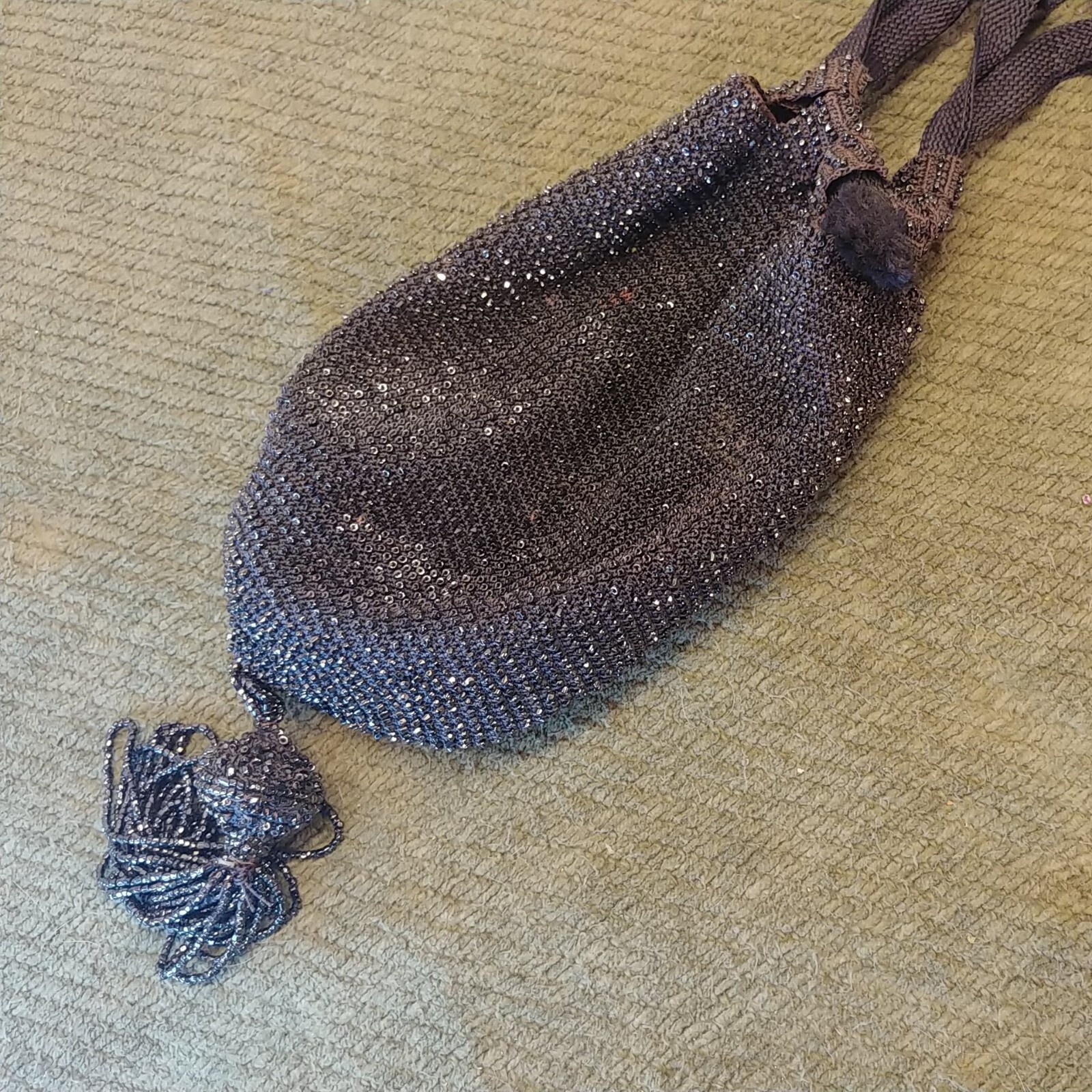 Vintage Black Beaded Flapper Drawstring Purse Bag… - image 2