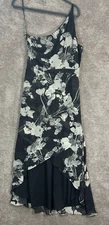 Halston Dress 10 Maxi Black Gray Floral One Shoulder Hi Low Hem Lined Side Zip