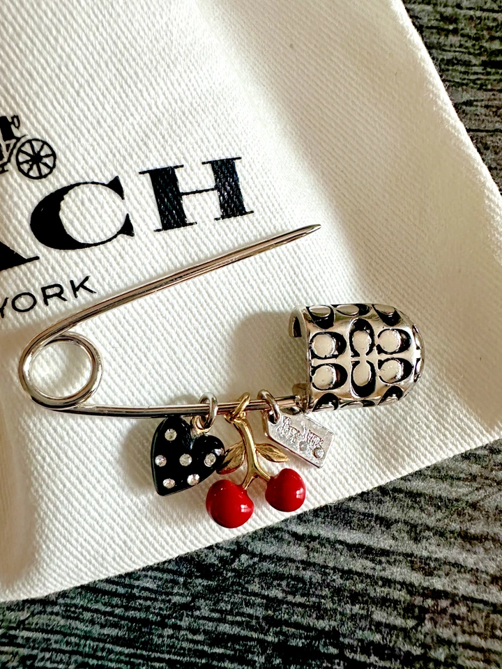 COACH Charm Safety Pin Brooch cherry ~heart~Tag - Image 2 of 4