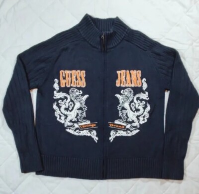 GUESS JEANS Pullover Damen Strickjacke Sweatjacke  Gr. M Dunkel-Blau, Vintage 