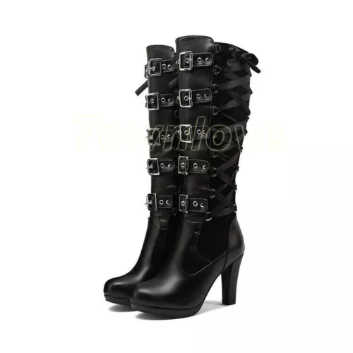 Victorian Women High Heel Gothic Tall Lace Up Knee High Steampunk Pirate Boots - Picture 5 of 22