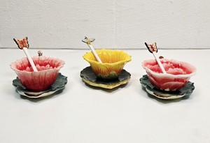 Lot of 3 Garden Collection By CornerRuby Floral Shaped Coffee Tea Cups + spoons.