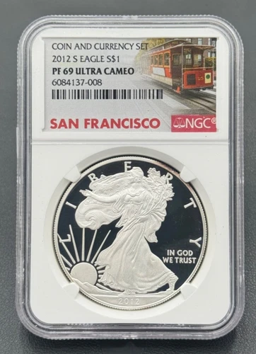 2012 S $1 1ozt Silver Eagle NGC PR 69 Ultra Cameo, Coin & Currency Set SF Label