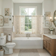 Beige Lace Curtains 54 Inch Length 2 Panels Set, Country Rustic Floral Patterned