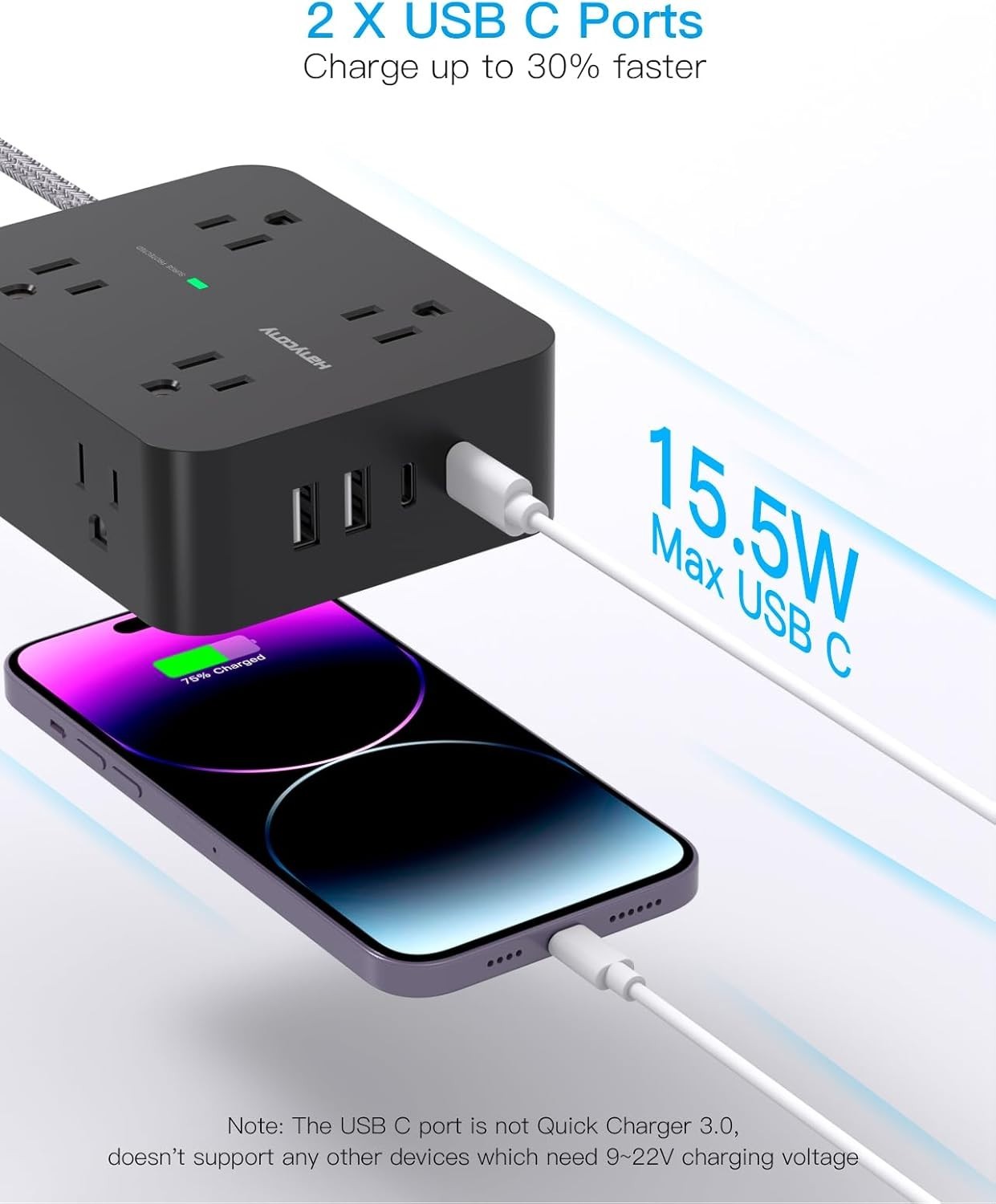 HANYCONY Power Strip Surge Protector – 8 outlets, 4 USB ports, 10-ft cord