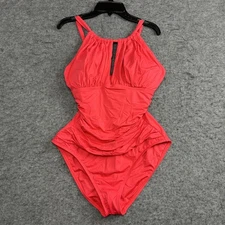 La Blanca Swimsuit Womens 12 Coral One Piece Ruched Cutout Tummy Control