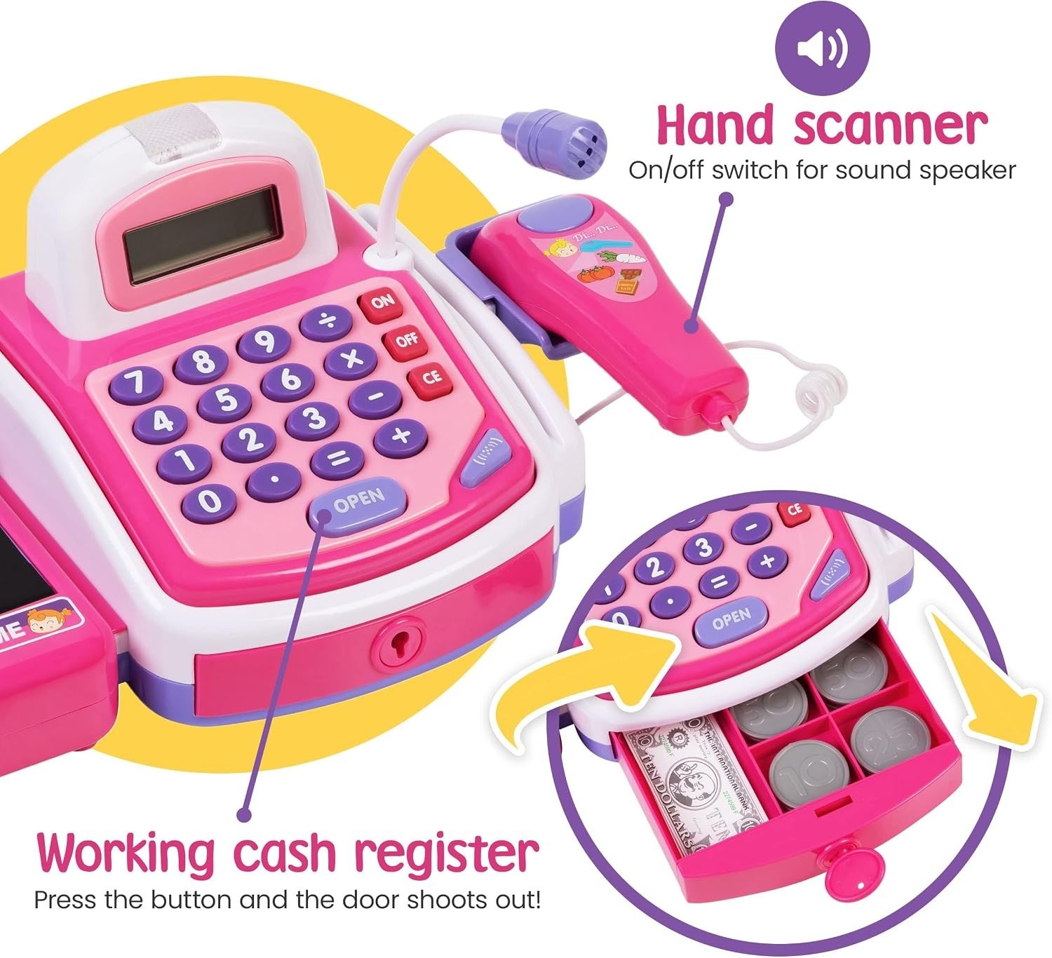 как выглядит Pink Toy Cash Register with Food Basket - Kids Pretend Play фото
