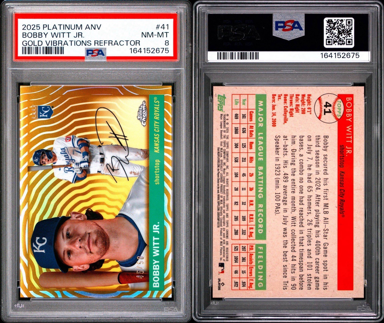 2025 PLATINUM ANV #41 BOBBY WITT JR /50 GOLD VIBRATIONS REFRACTOR POP 1 PSA 8 view 4
