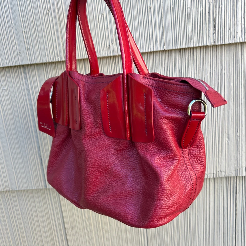 Nicoli 1975 Red Genuine Leather Double Strap Crossbody Handbag - Image 2 of 4