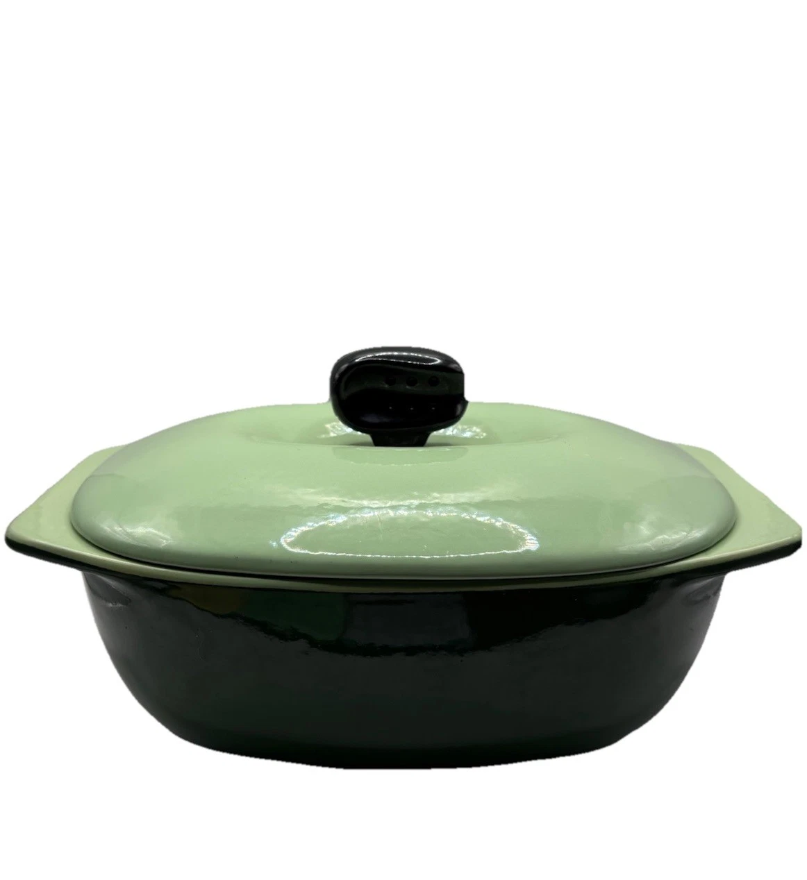 VTG TWO TONE GREEN ENAMELED CAST IRON CONSO WARE DUTCH OVEN/CASSEROLE RARE READ