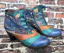 Socofy Womens Bohemian Retro Booties Leather Tapestry Shoe Size 40 / 9 EUC