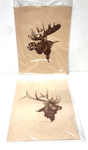 Moose and Elk Art Drawings Vintage Signed By The Artist Sali Freese 1976