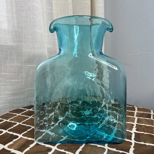 Blenko 384 Water Bottle Ice Blue Double Spout Pitcher Glass Art Signed 8x6.5