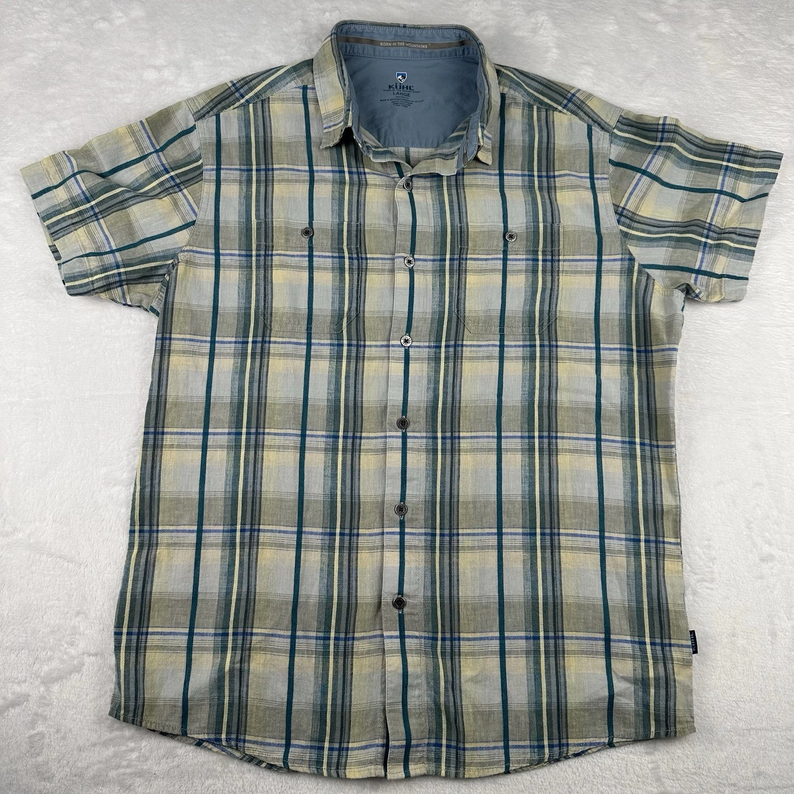 Kuhl Shirt Mens L Skorpio Linen Plaid Camping Fishing Hiking Metal Button Gorp