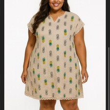 Sunflower Brand Made in Italy Linen Pineapple Print Dress 2X Lace Trim Shift