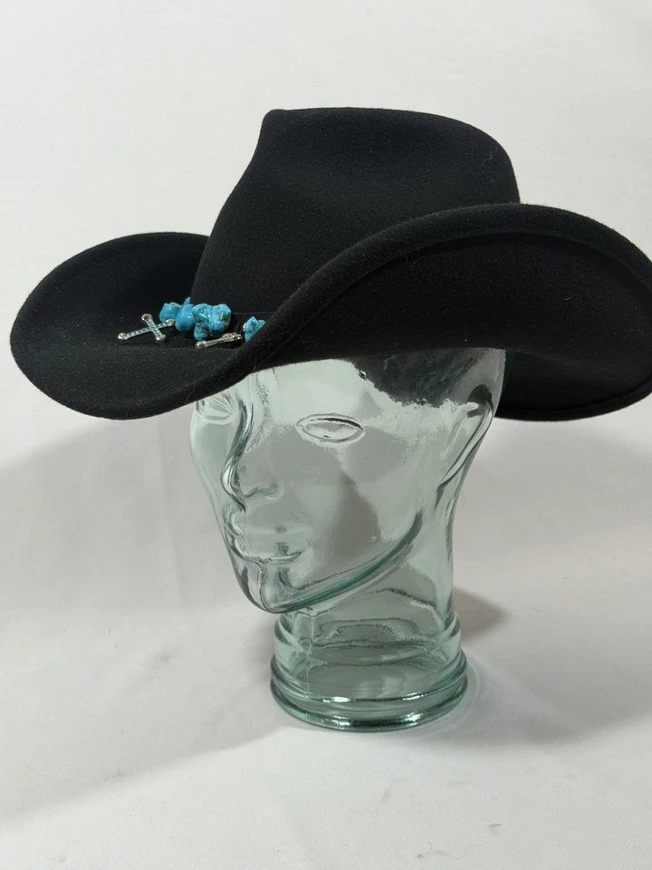 Sombrero de Vaquero Colección Scala Negro Lana Turquesa y Plata Banda Cruzada Foto 4 de 4