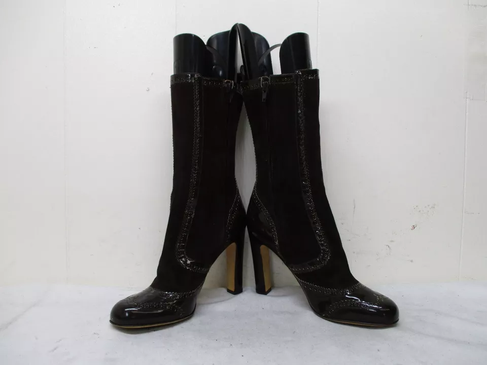 Botas femininas Alexandra Neel couro marrom camurça zíper salto alto panturrilha média tamanho 40 EUR - Imagem 4 de 4