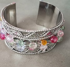 Silver Multi Color Bead Wide Cuff Bracelet