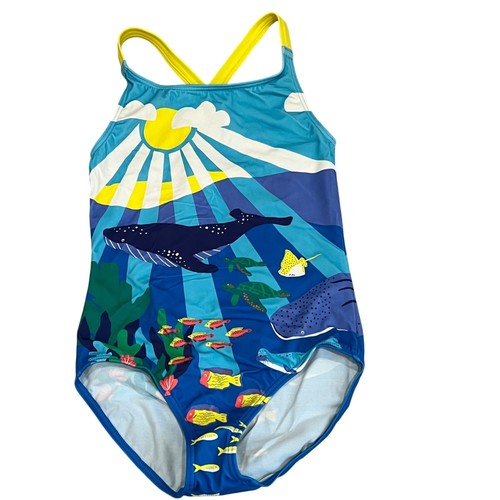Girls Boden 8-9Y Cross-Back Swimsuit With Ocean Print - Whales Fish & Sun Design