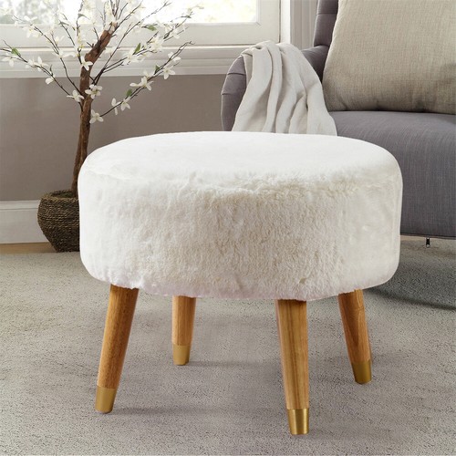 Modern Oval Faux Fur Ottoman Plush Padded Pouf w/ Wood Legs for Cozy Home Decor - Picture 3 of 80