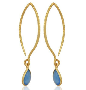 Authentic Texture Band Gemstone Earrings Gold Plated Long Hook Blue Chalcedony Earrings
