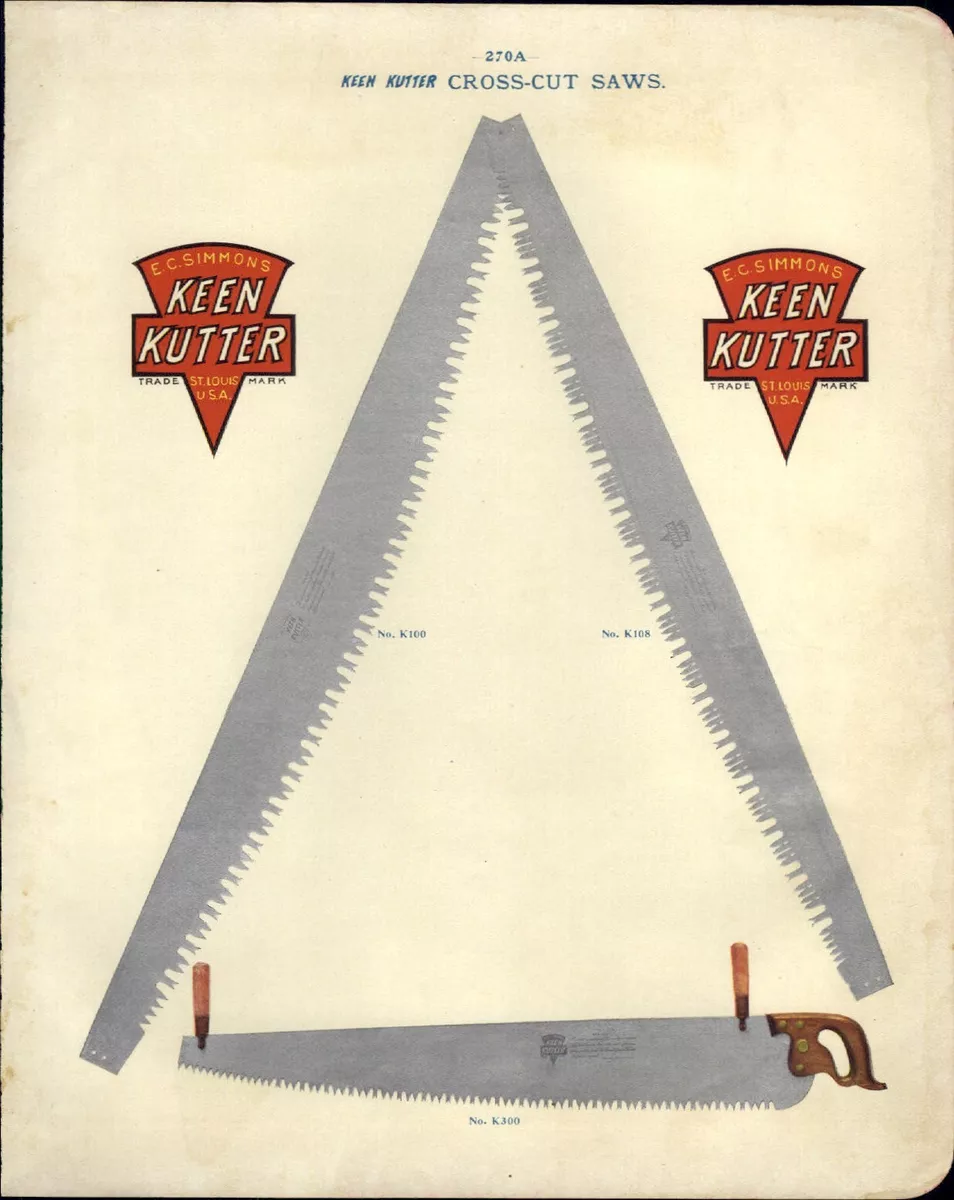 1908 PAPER AD 2 Sided COLOR 2 Man Cross Cut Saw Saws Keen Kutter Chipaway