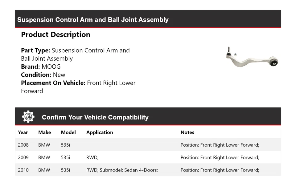 Brazo de control delantero derecho delantero inferior delantero MOOG 2008 2009 2010 BMW 535i 2008-2010 Foto 2 de 4