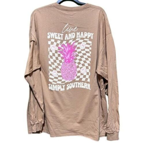 NWT Simply Southern 'Live Sweet and Happy' Long Sleeve Tshirt Brown XXL