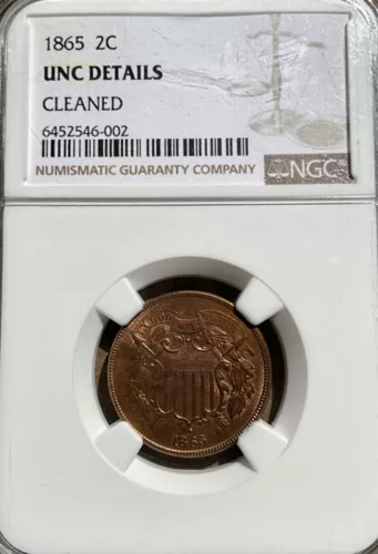 1865 TWO CENT PIECE BEAUTIFUL VERY SHARP MOTTO SHIELD WREATH FANCY 5 NGC UNC DET
