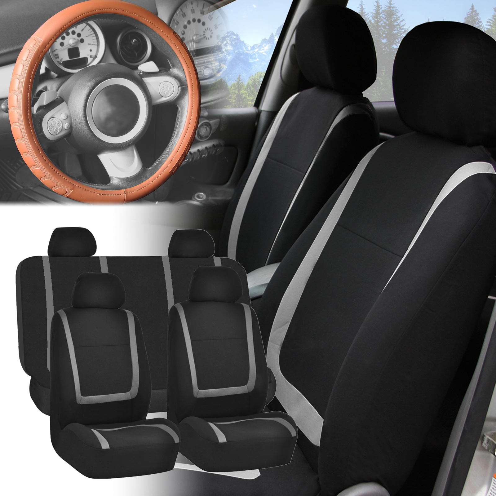 FH Group Universal Fit Cloth Car Seat Covers for SUV w/ Steering Wheel Cover