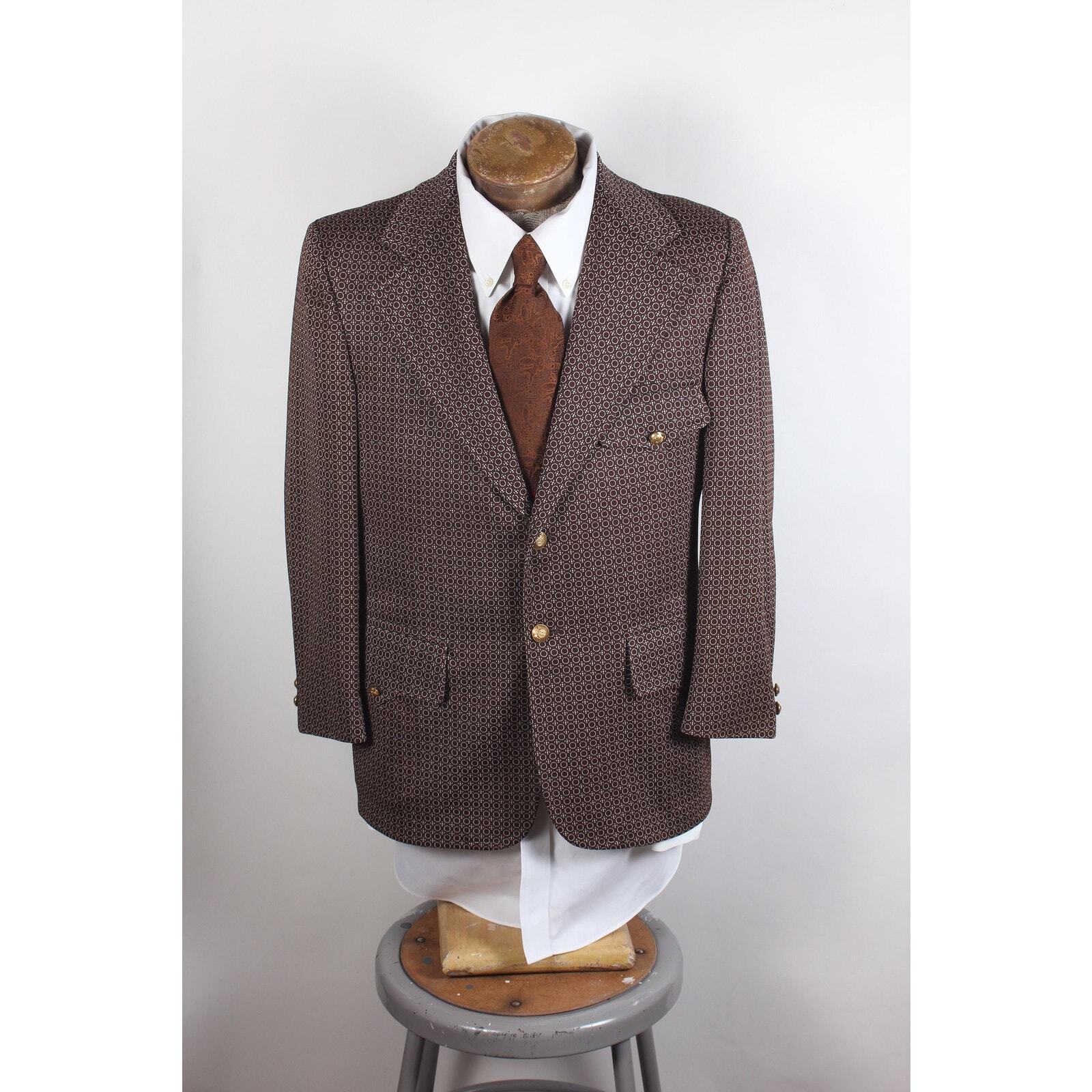 1970's Chainlink Pattern Brown Polyester Blazer M… - image 1