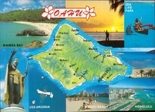 Hawaii Honolulu Map Multi View Postcard. USA. Waikiki Vintage 90s Old Card