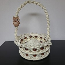 Vintage Macrame Basket with Large Bead And Owl Figurine
