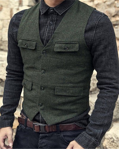 Mens Vintage Tweed Waistcoat Groom Bestman Retro Hunting Cowboy Formal Vests - Picture 5 of 21