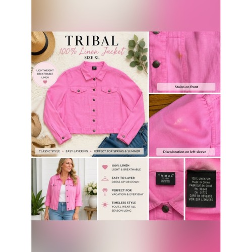 Tribal Pink 100% Linen Button Front Jacket Size XL