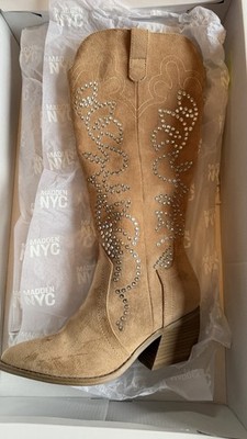 Madden NYC Women's Beige Suede Studded Knee High Western Boots, 6 Zip
